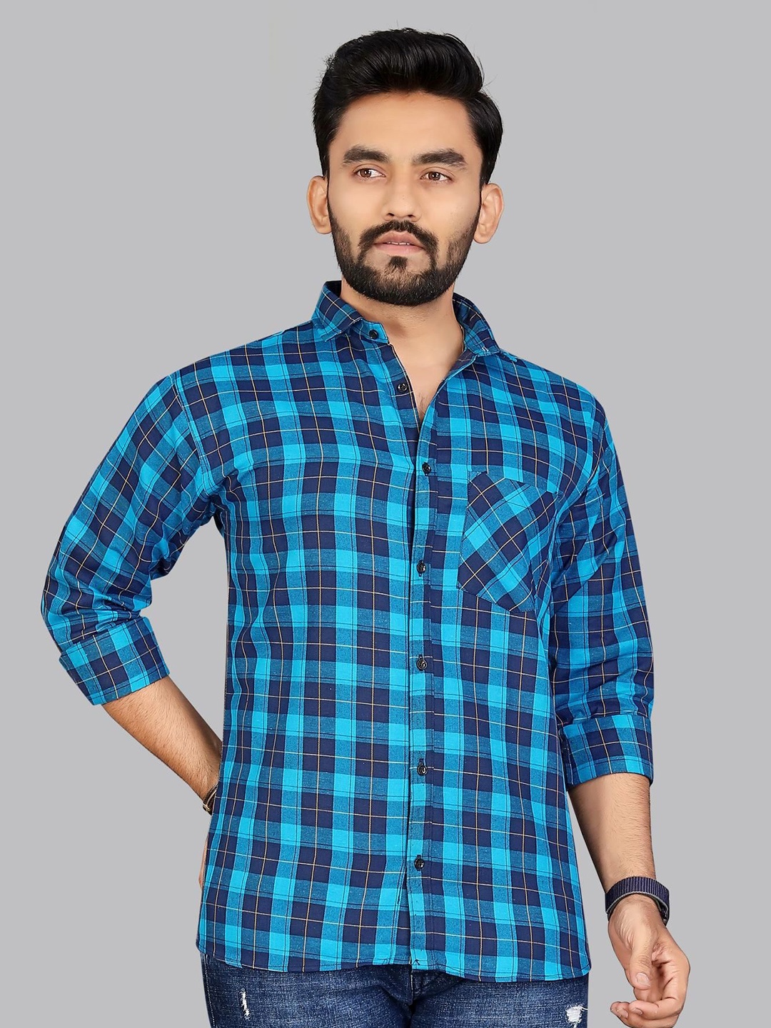 

ADWYN PETER Men Classic Spread Collar Tartan Checked Cotton Casual Shirt, Blue