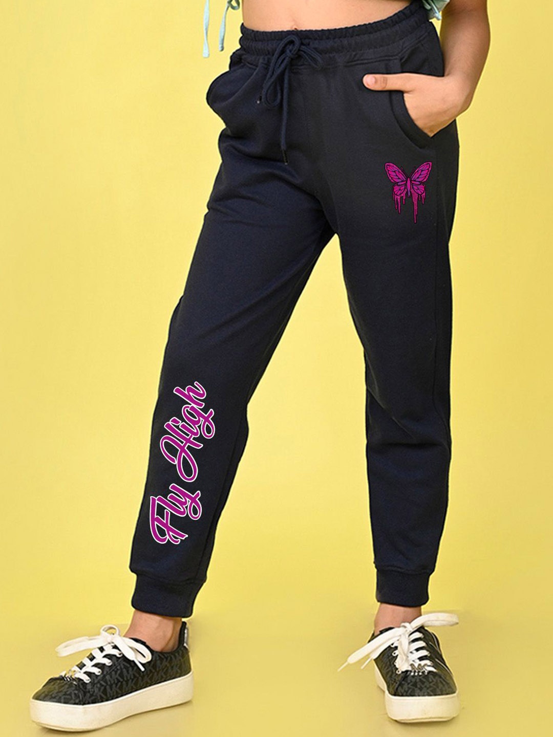 

NUSYL Girls Typography Printed Mid-Rise Joggers, Navy blue