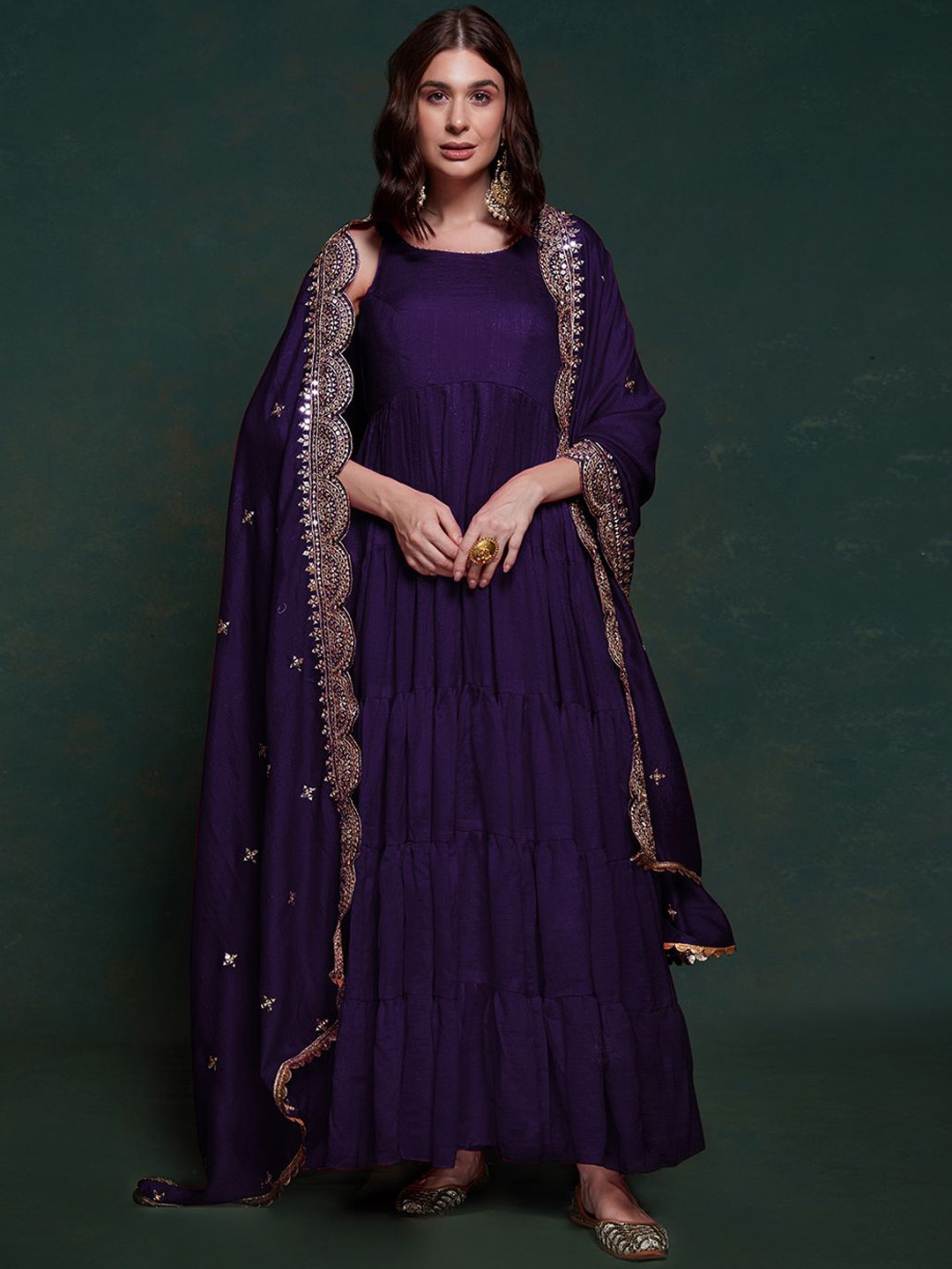 

Fusionic Ruffled Gown Ethnic Dress With Shawl, Purple