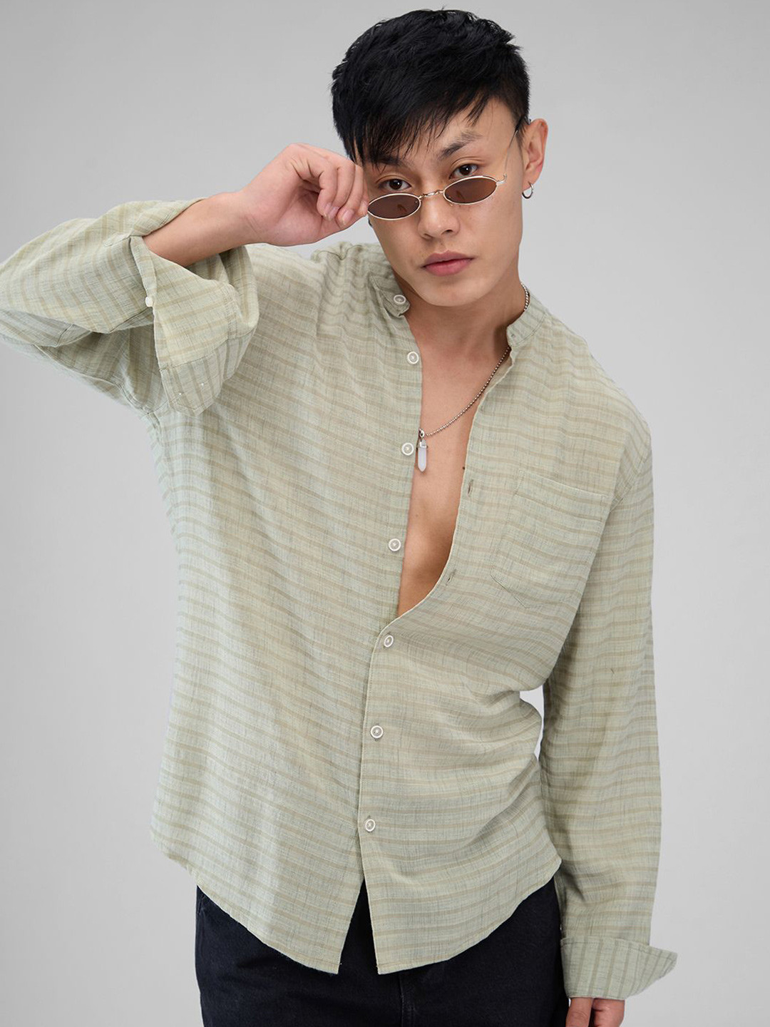 

VASTRADO Men Classic Band Collar Horizontal Striped Cotton Casual Shirt, Green