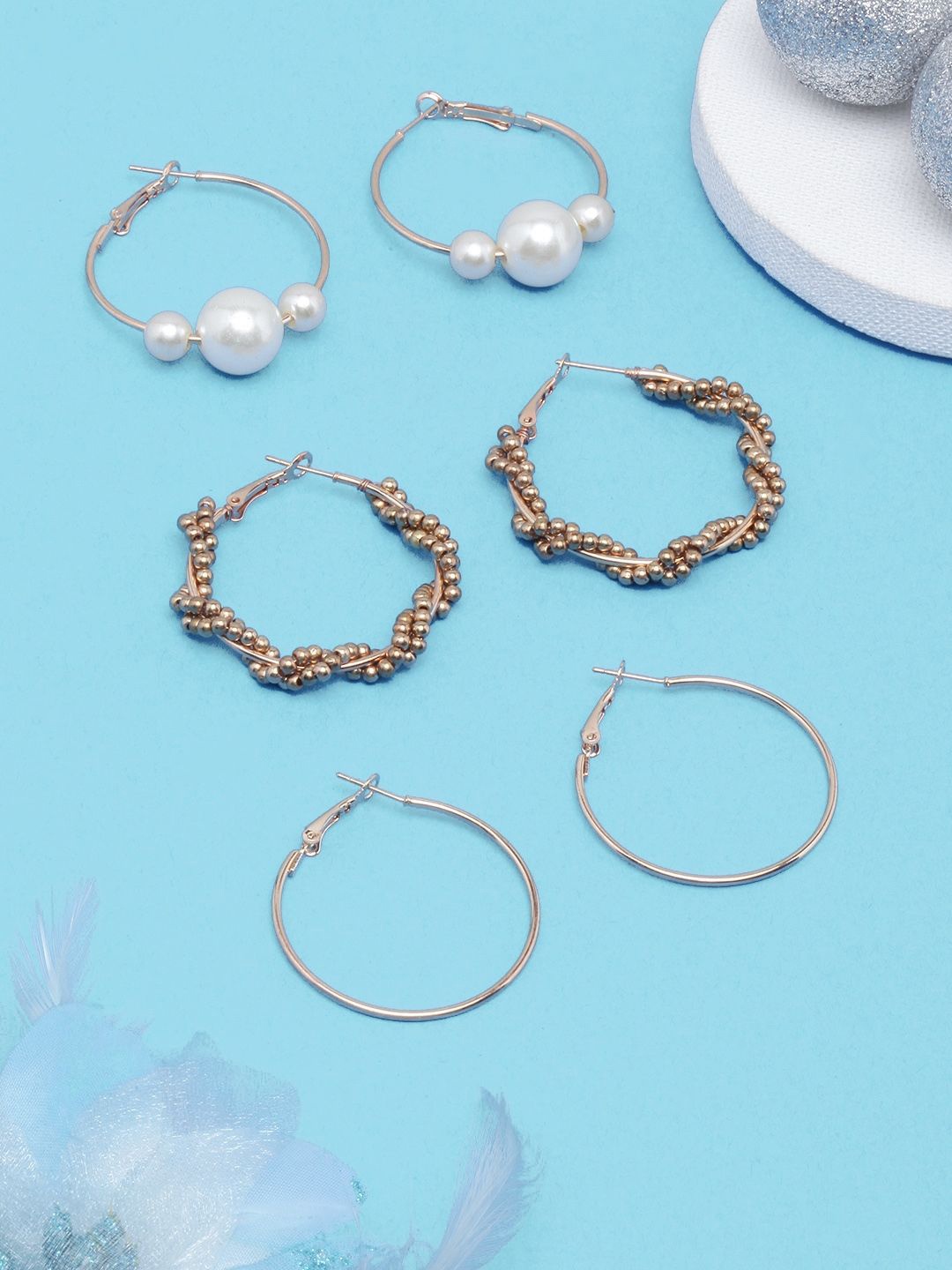 

KPOP Set of 3 Gold-Plated Contemporary Artificial Stones Stud Half Hoop Earrings