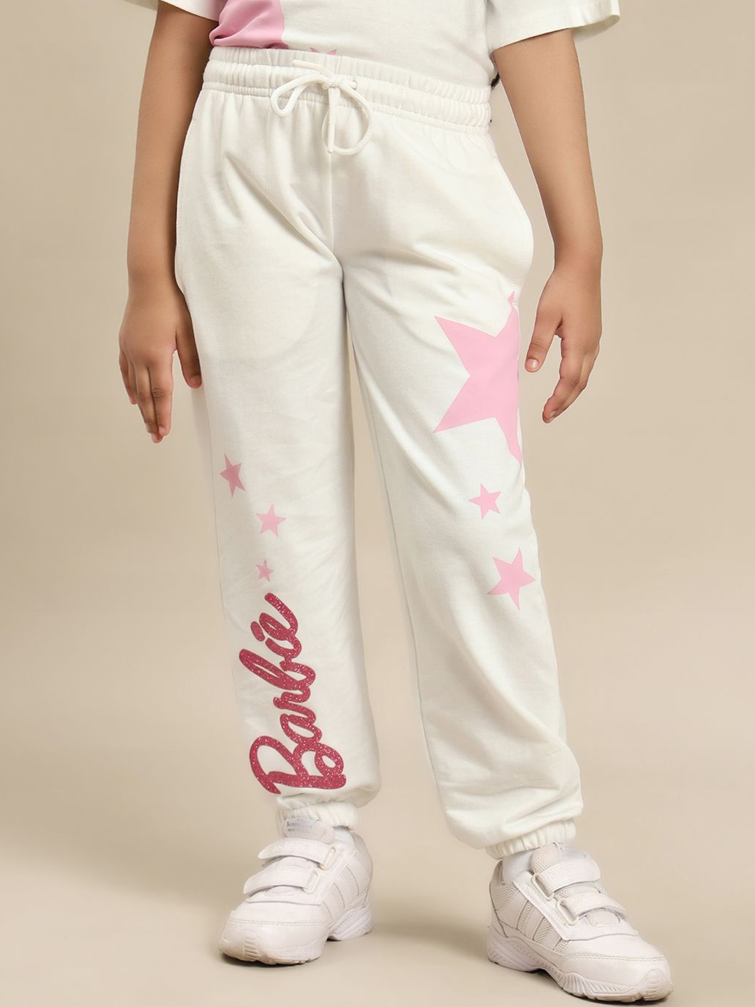 

Kids Ville Girls Barbie Typography Printed Mid-Rise Cotton Joggers Track Pants, Off white