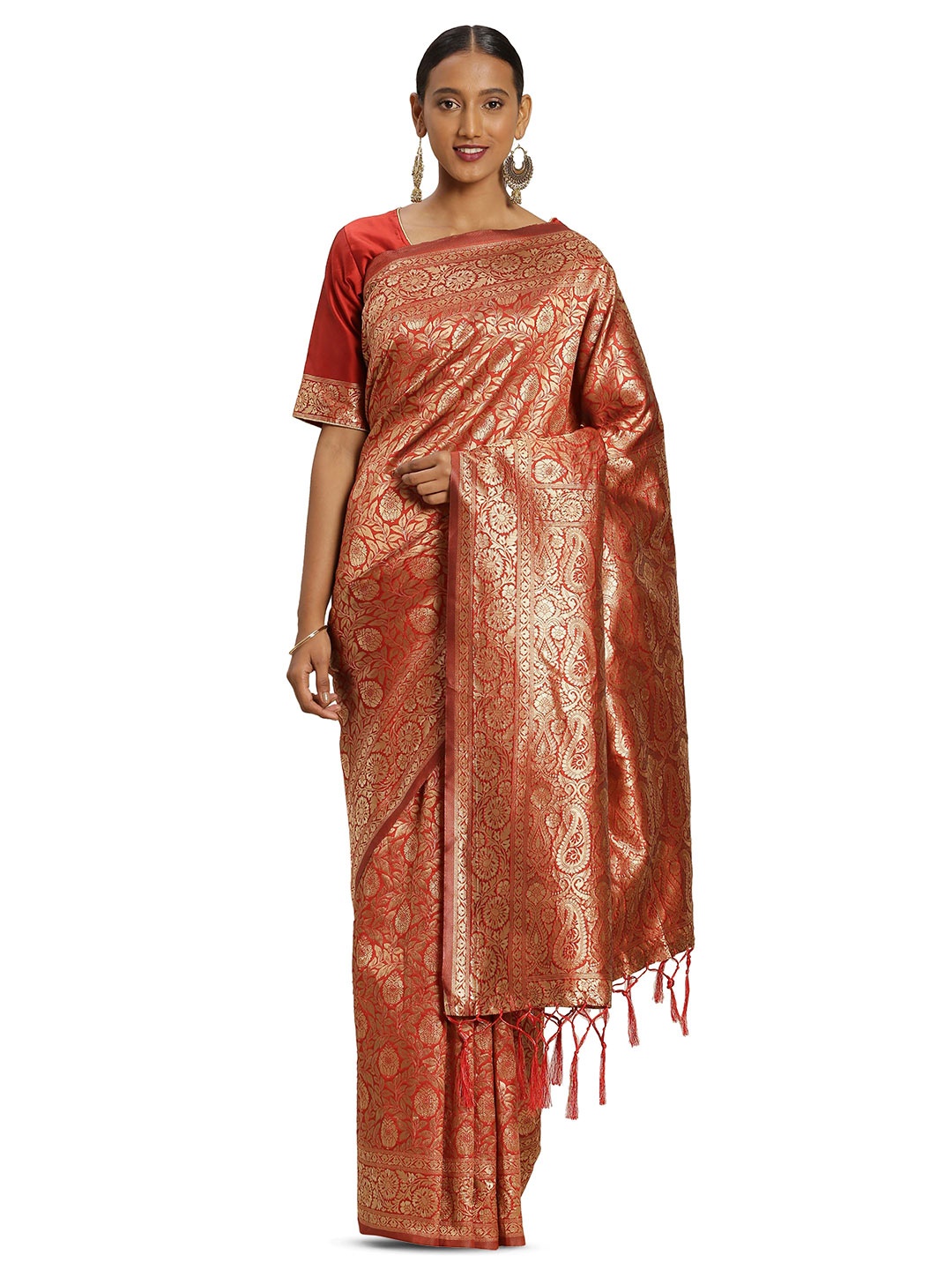 

Maroosh Ethnic Motif Woven Design Zari Banarasi Saree With Blouse Piece, Red