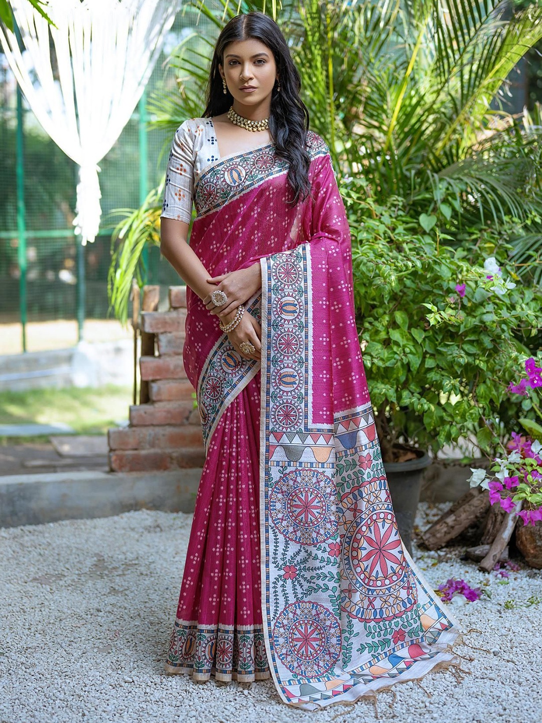 

Kandora Pure Silk Tussar Printed Saree With Unstitched Blouse Piece, Pink