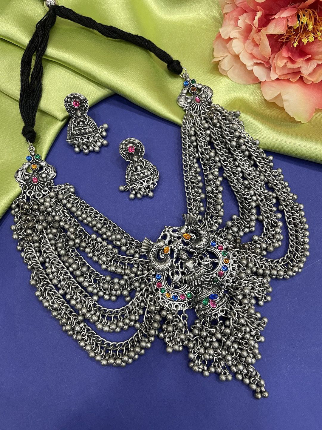 

Digital Dress Room Silver Plated Stone Studded Lakshmi Design Necklace & Earrings