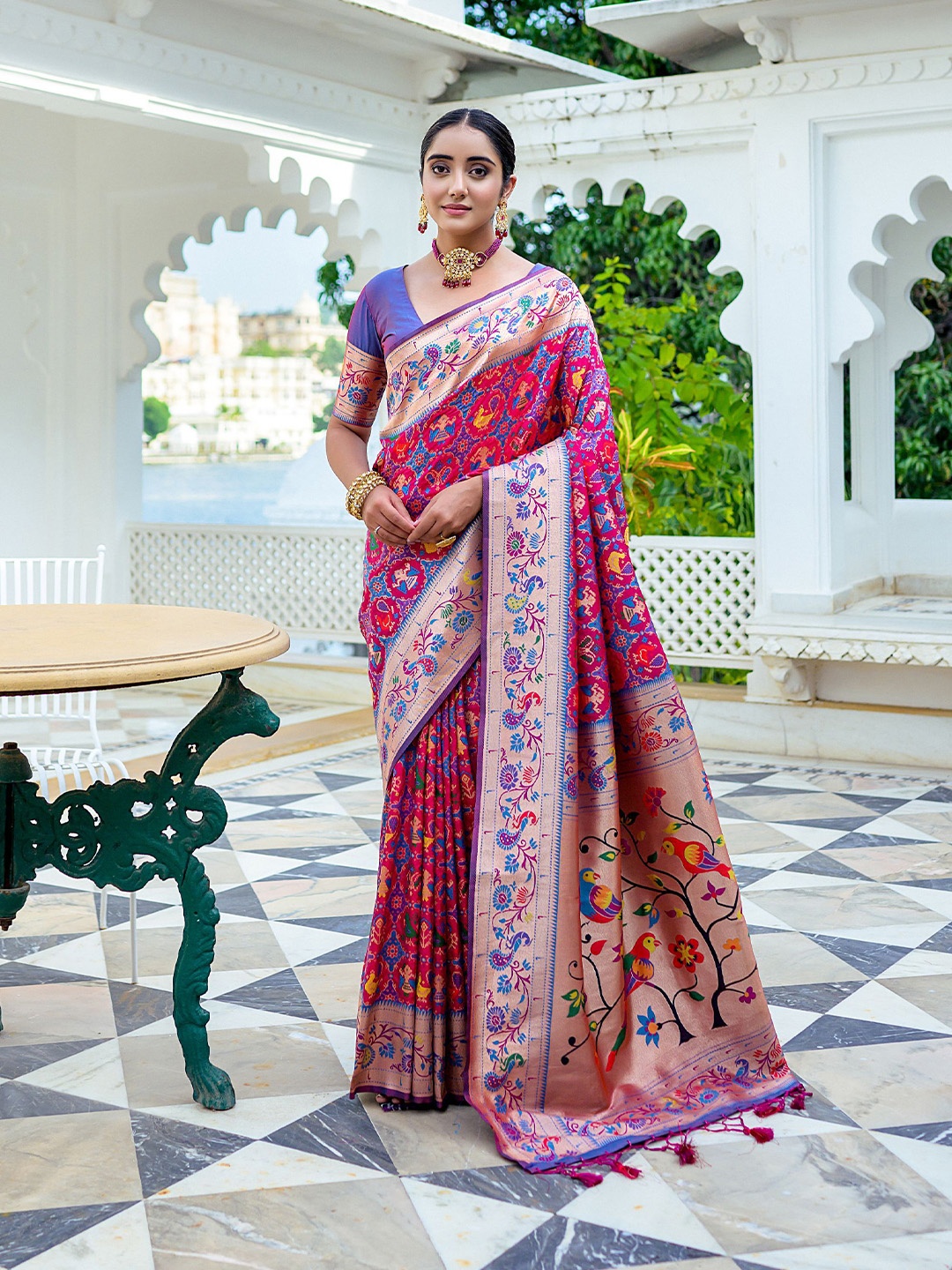 

Kandora Ethnic Motifs Zari Pure Silk Paithani Saree, Pink