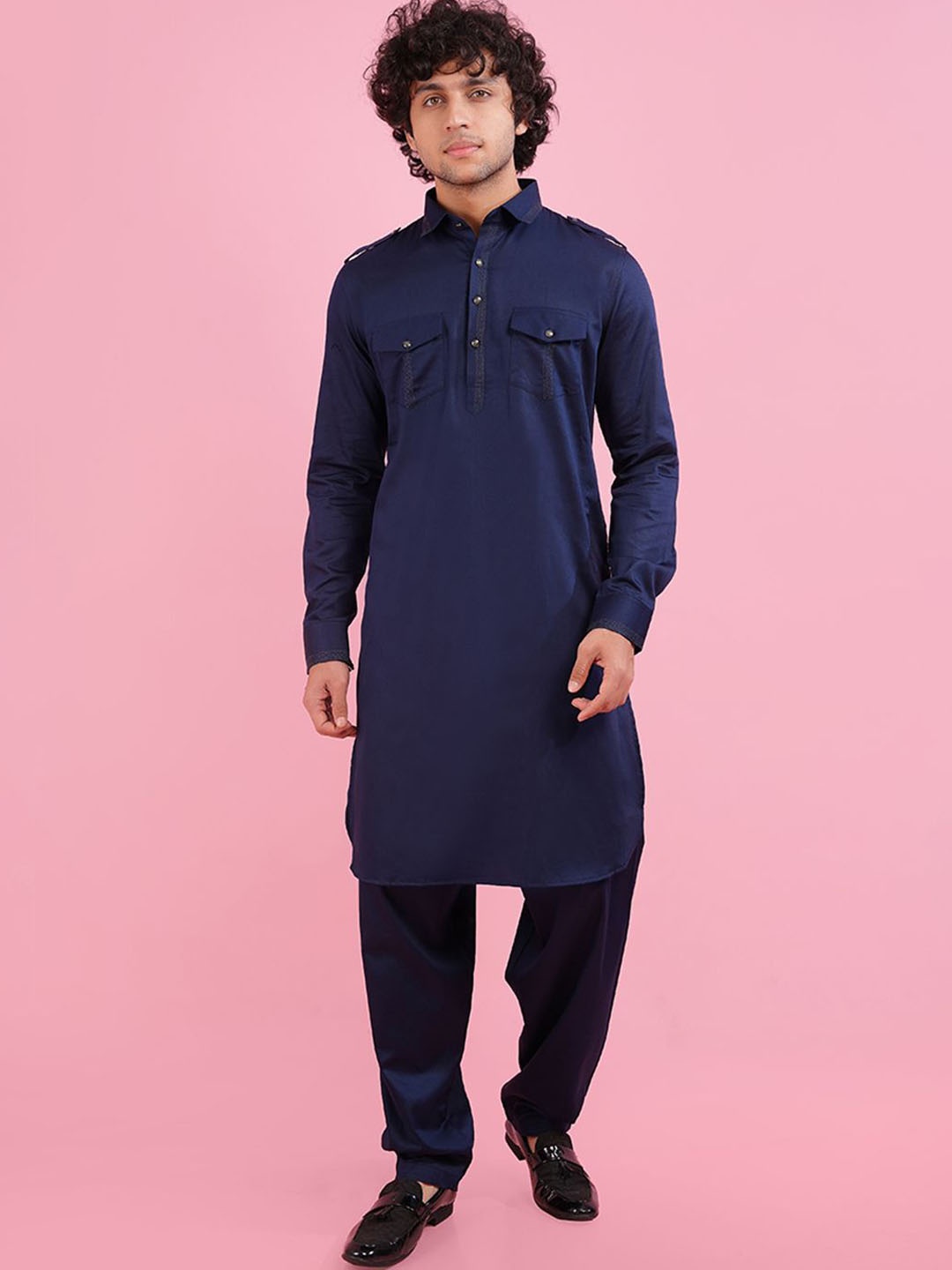 

azania Men Thread Work Pathani Kurta, Navy blue