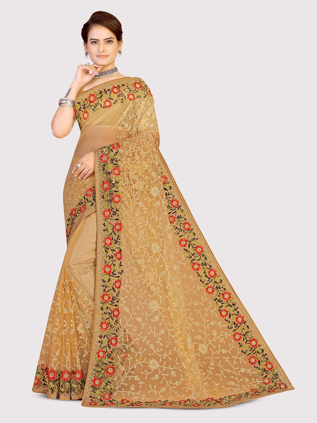 

Maroosh Ethnic Motifs Embroidered Net Saree, Beige