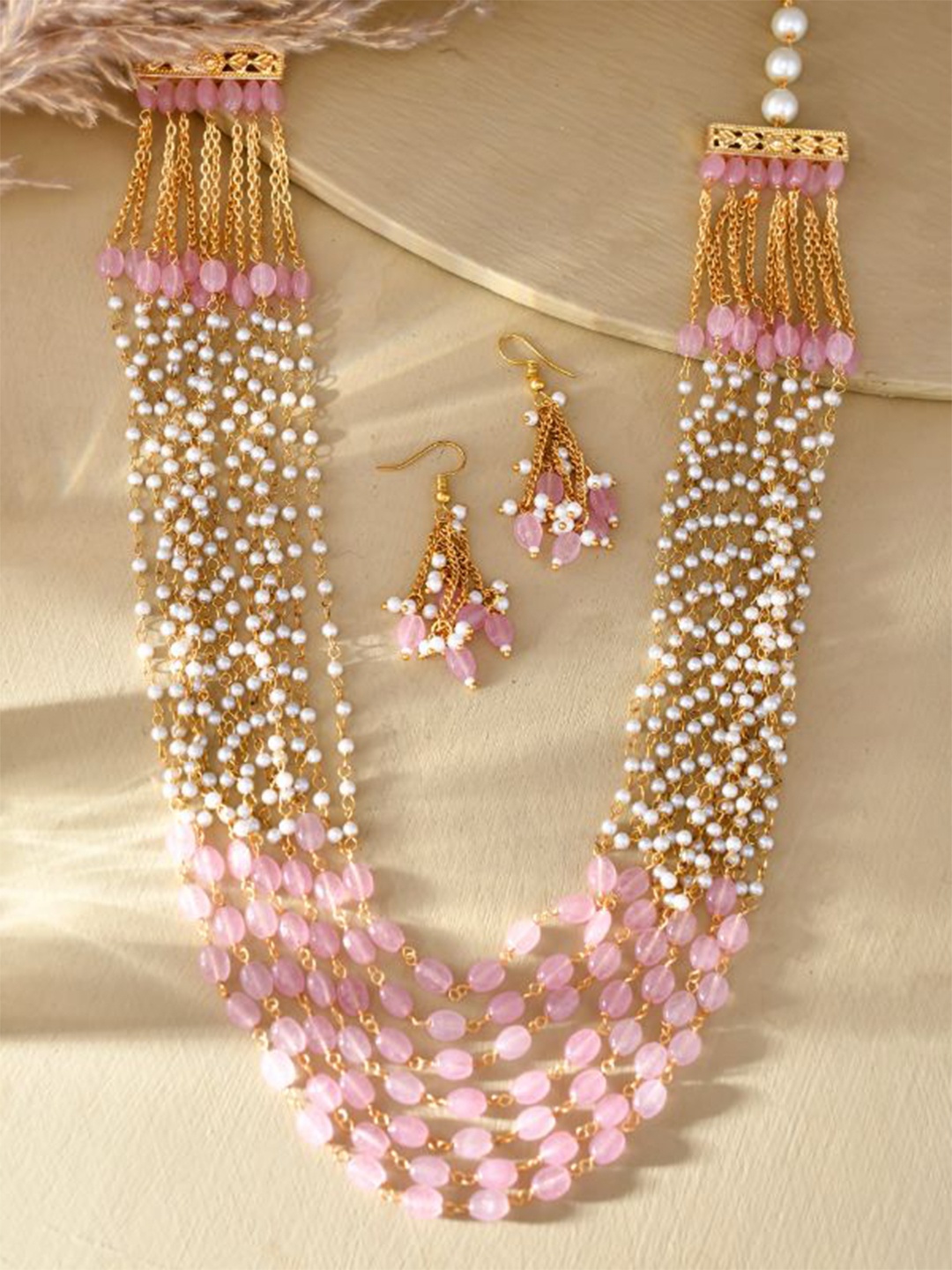 

DASTOOR Gold Plated Bead Studded Necklace and Earrings