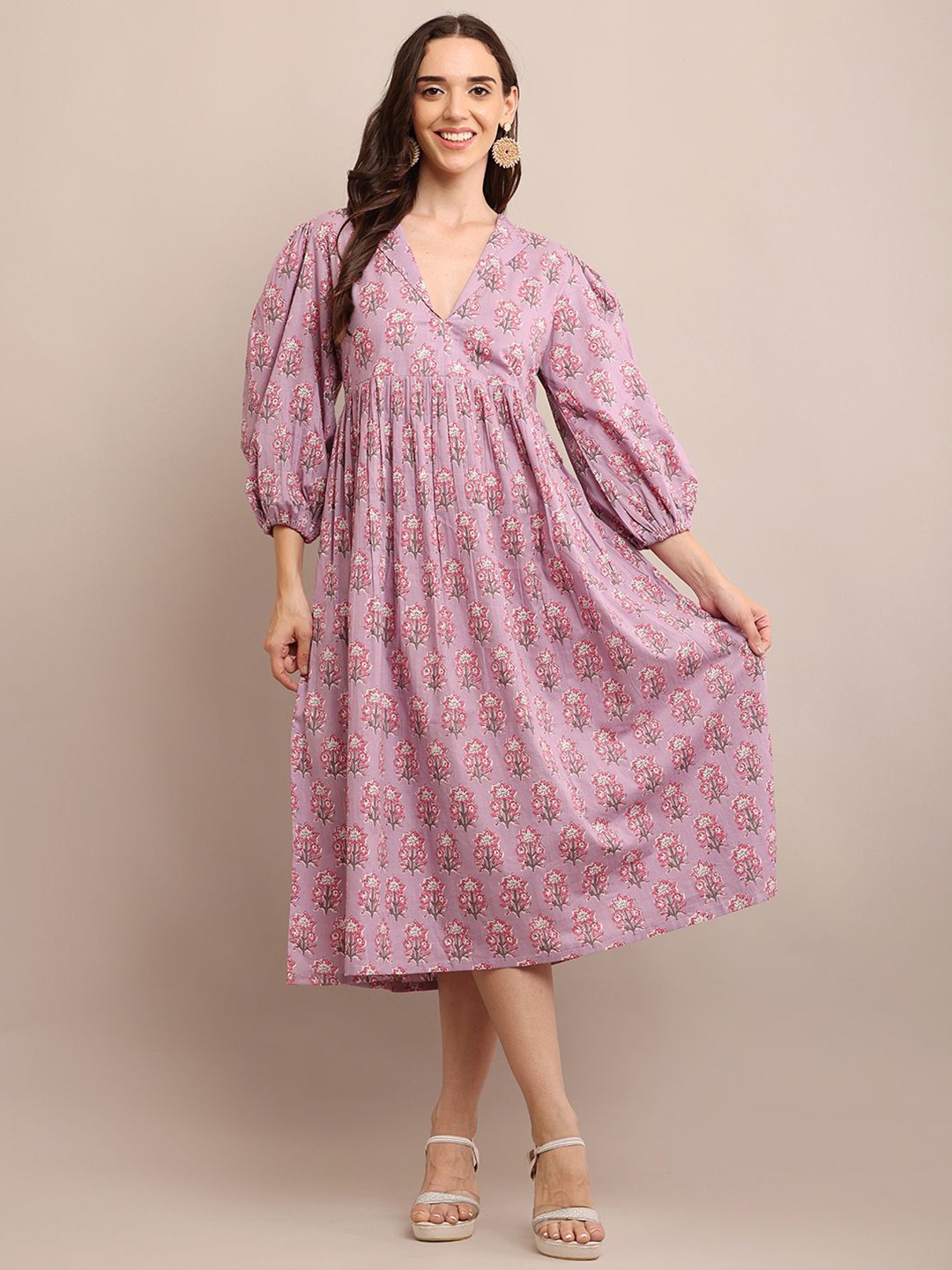 

ROZANAJAIPUR Floral Printed Cotton Puff Sleeve Empire Dress, Lavender