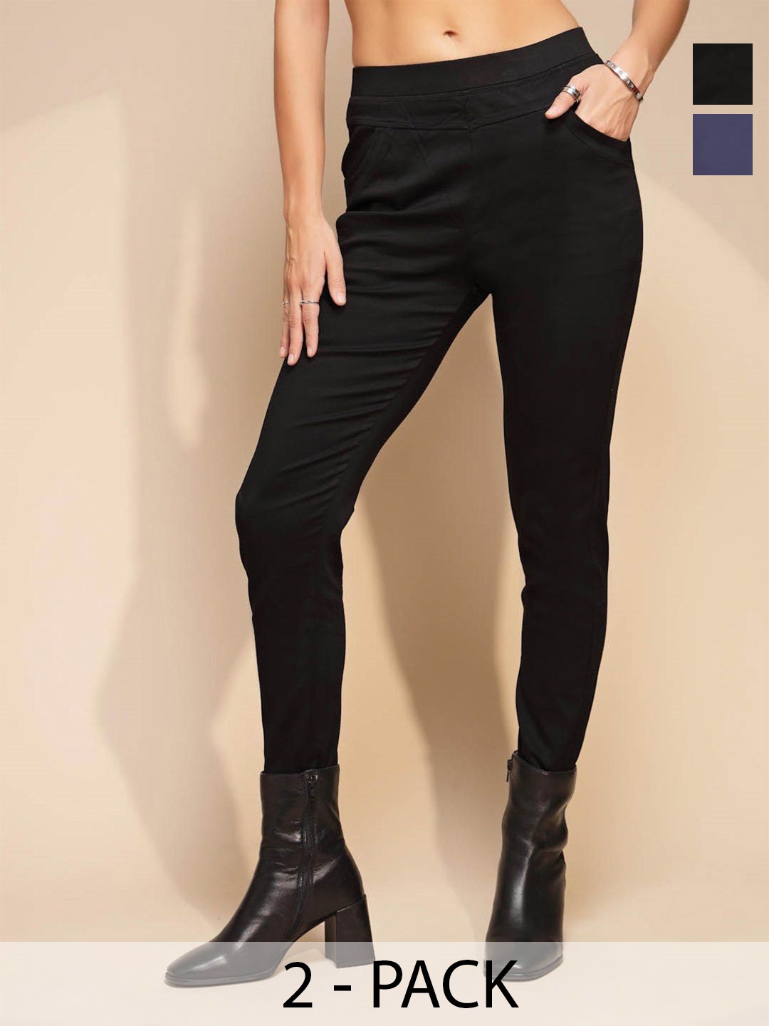 

Global Republic Women Pack Of 2 Slim Fit Super Stretchable Jeggings, Black