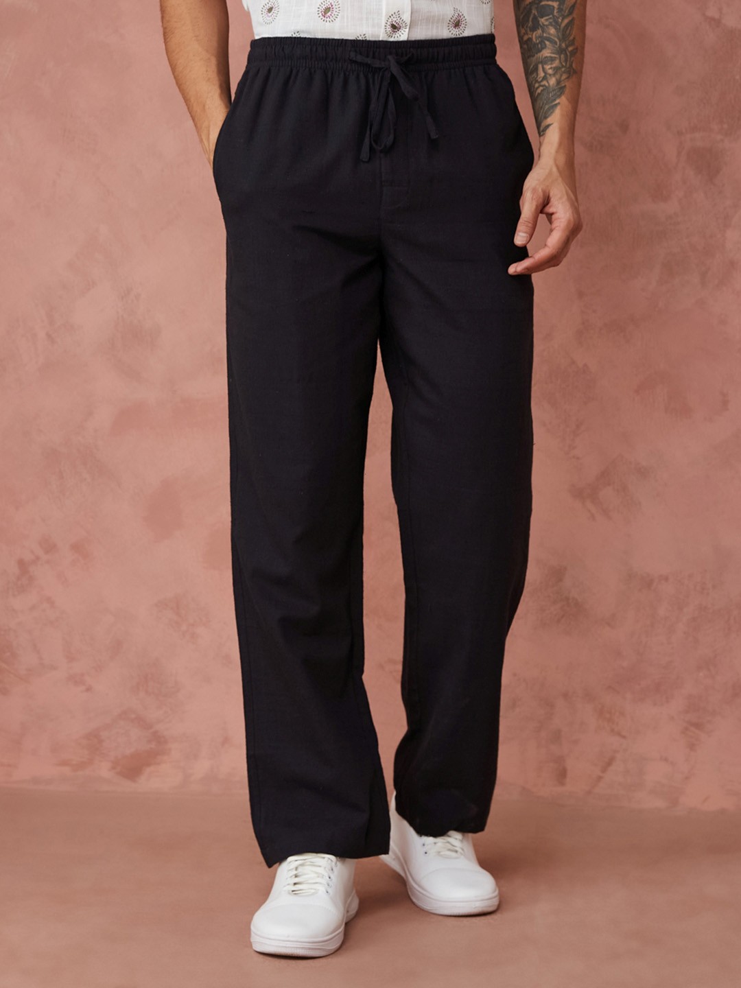 

Fabindia Men Mid-Rise Cotton Trousers, Black