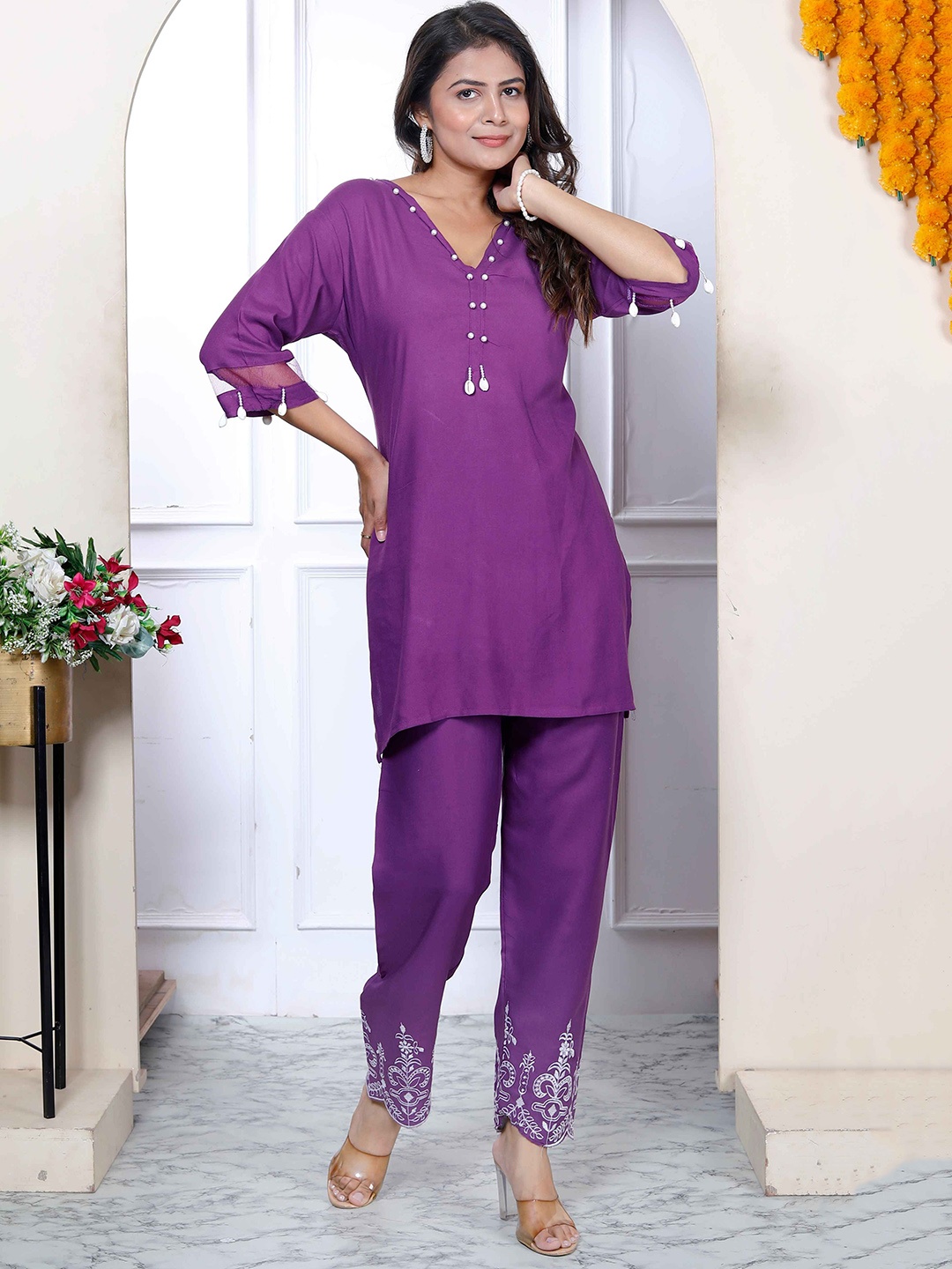 

MIRAVAN Tunic With Embroidered Palazzo Co-Ords, Purple