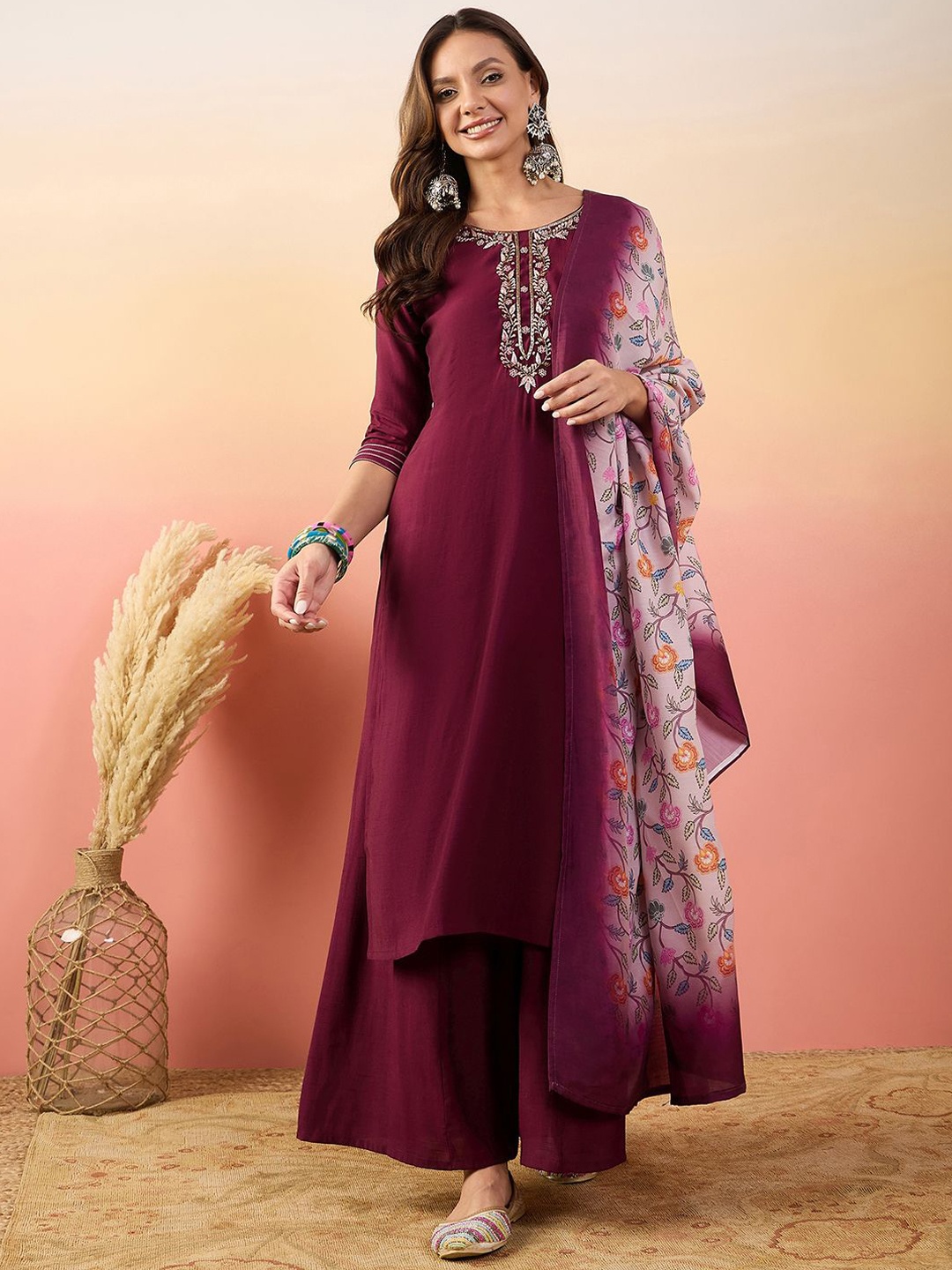 

Krimmple Women Ombre Yoke Design Regular Pure Silk Kurta with Palazzos & With Dupatta, Red