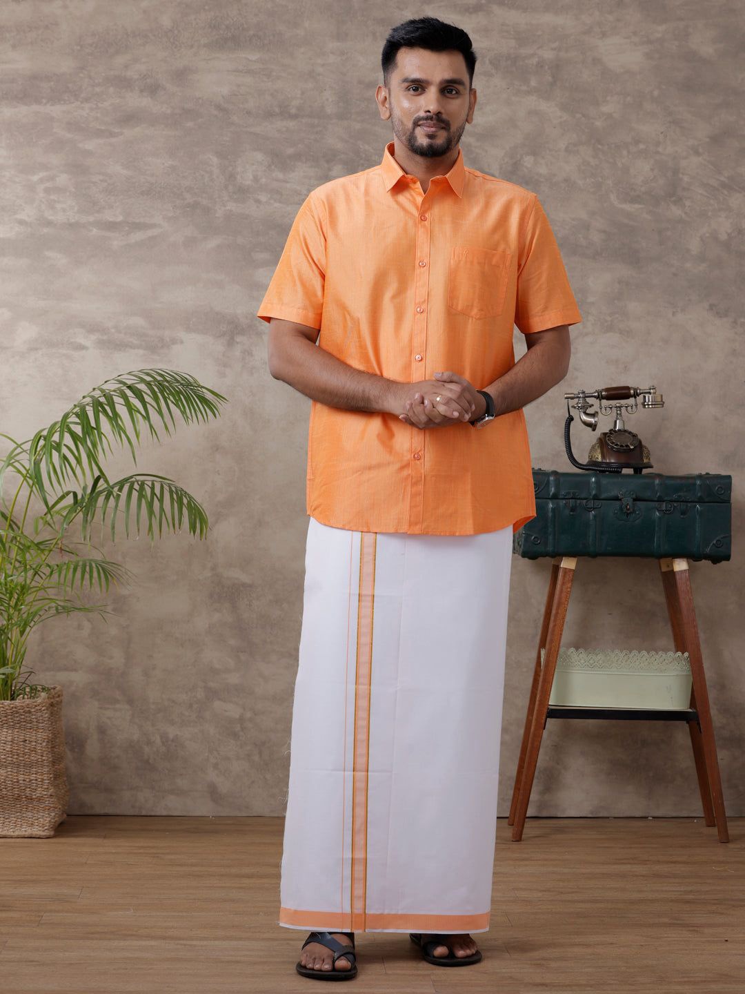 

RAMRAJ Men Solid Traditional Cotton Shirt And Matching Fancy Border Dhoti, Orange