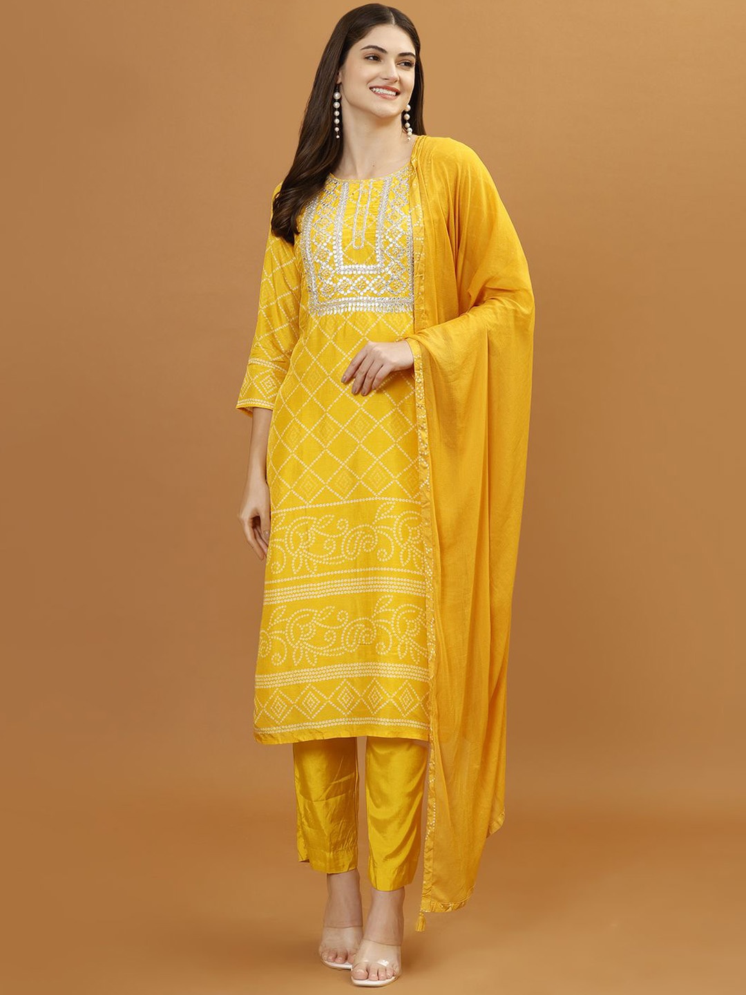 

Meena Bazaar Bandhani Printed Regular Thread Work Kurta With Trouser With Dupatta, Yellow