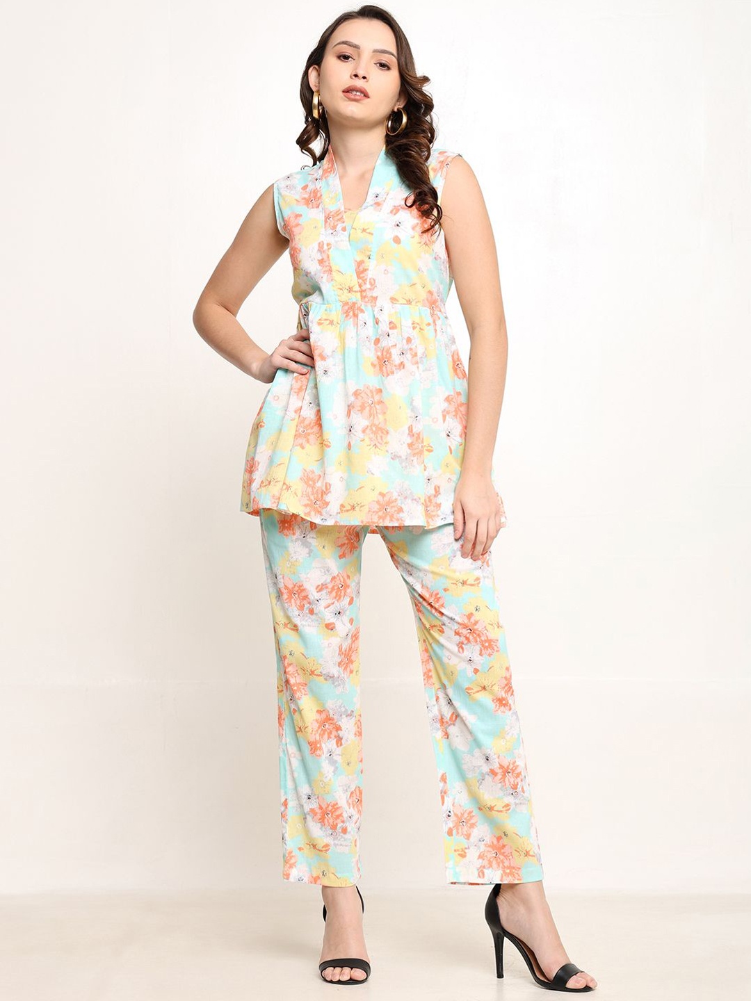 

CORDSET Floral Printed V-Neck Pure Cotton Tunic & Trouser Co-ords, Blue