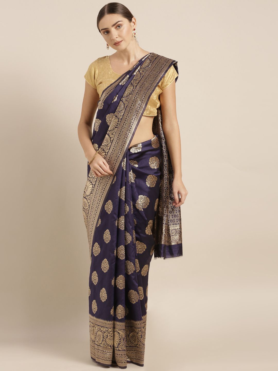 

Maroosh Ethnic Motifs Woven Design Zari Banarasi Saree, Navy blue