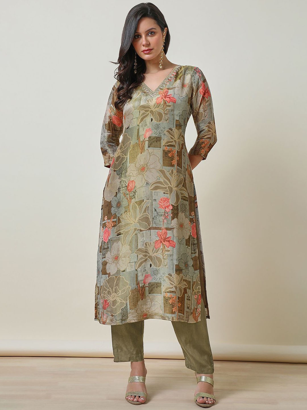 

Soch Floral Printed V-Neck Three-Quarter Sleeves Regular Straight Kurta With Trouser, Olive