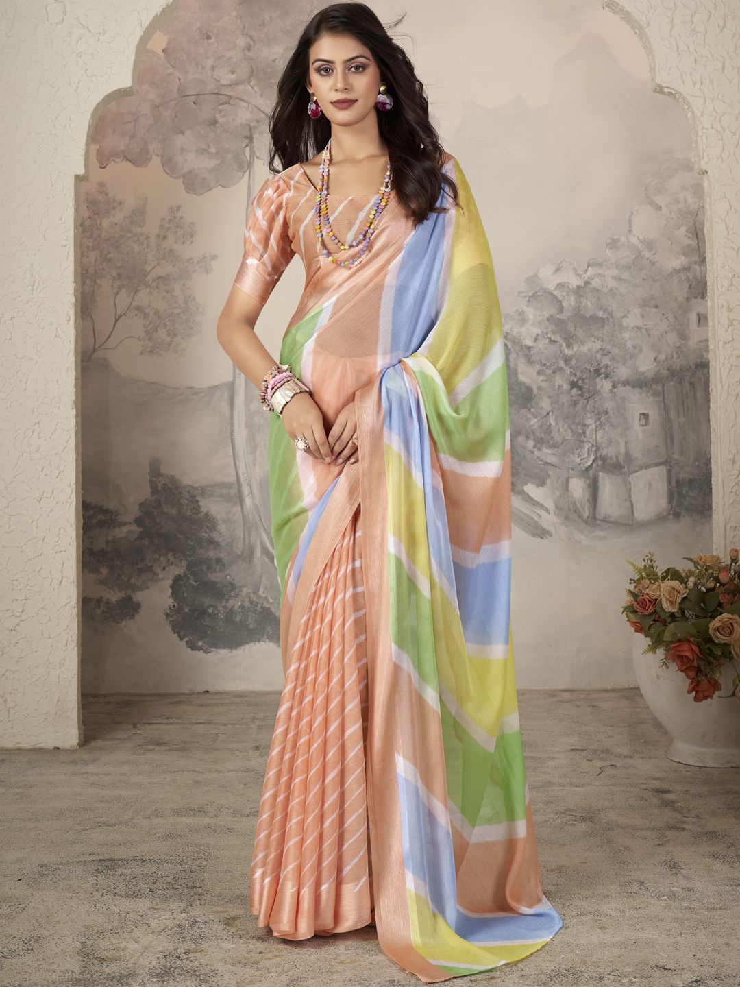 

CHUDIYA Leheriya Pure Chiffon Leheriya Saree, Peach