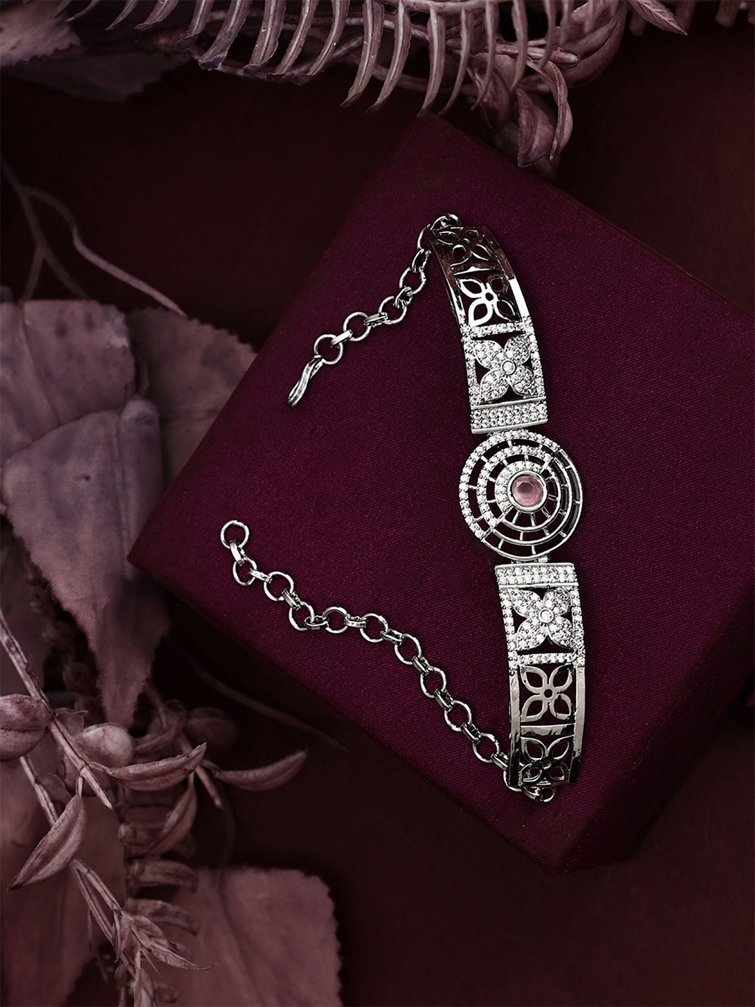 

ANIKAS CREATION Silver-Plated American Diamond Studded Link Bracelet