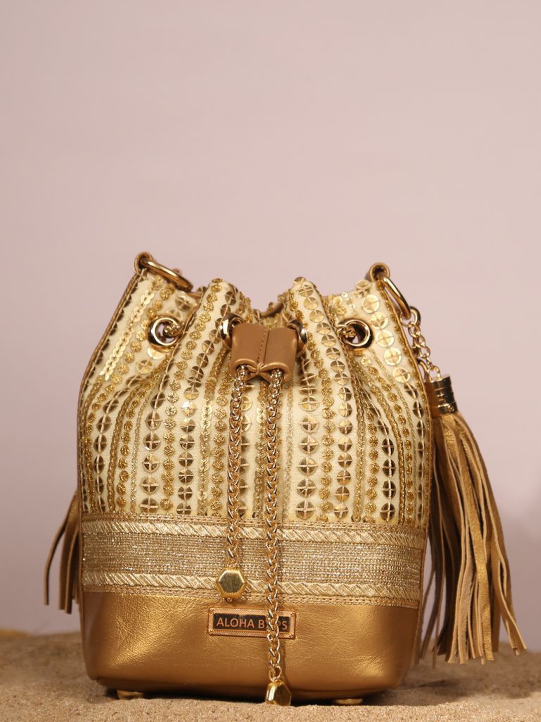 

Aloha by PS Bucket Sling Bag with Tasselled, Gold