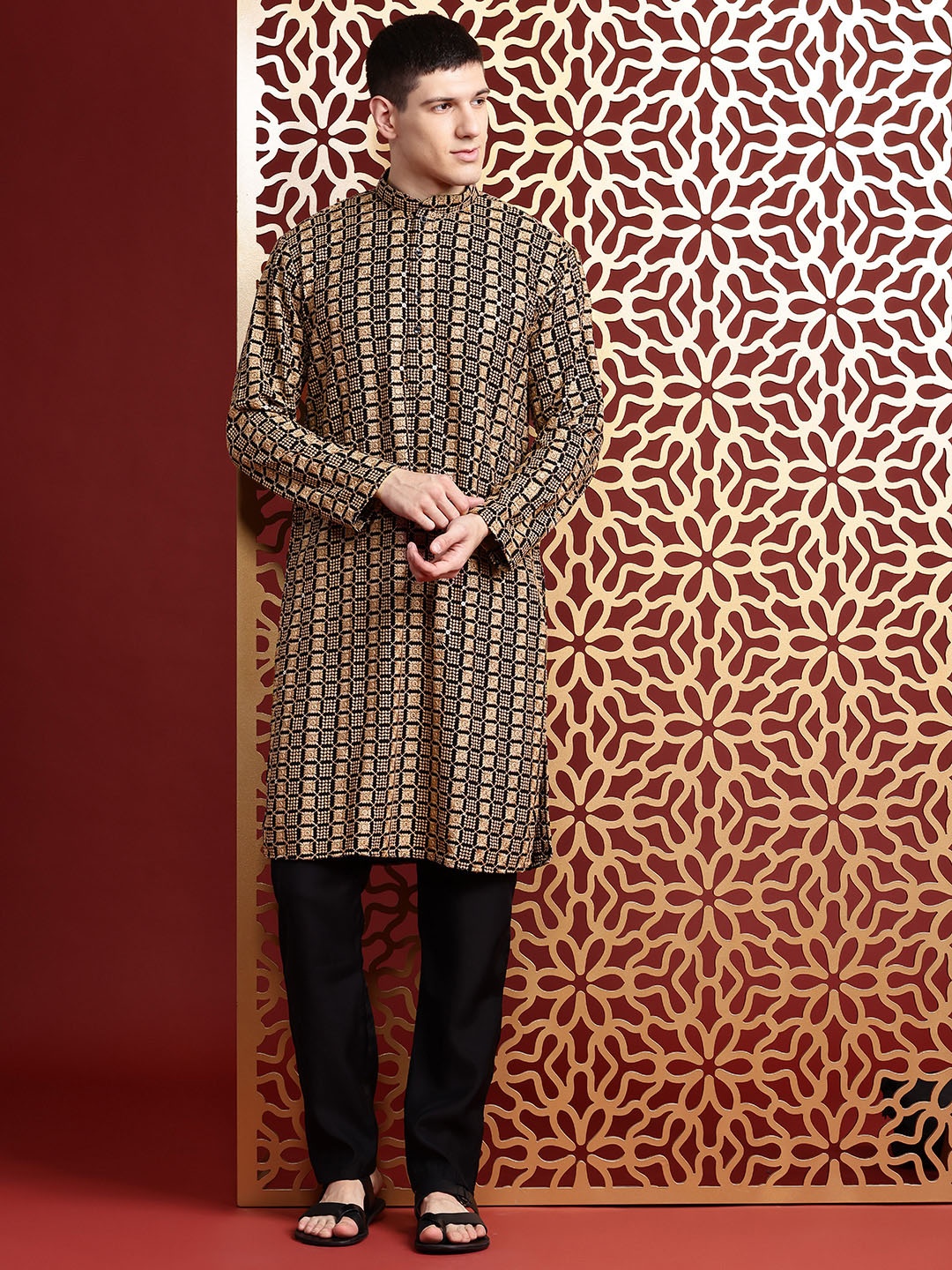 

MANQ Ethnic Motifs Embroidered Mandarin Collar Sequins Straight Kurta, Beige