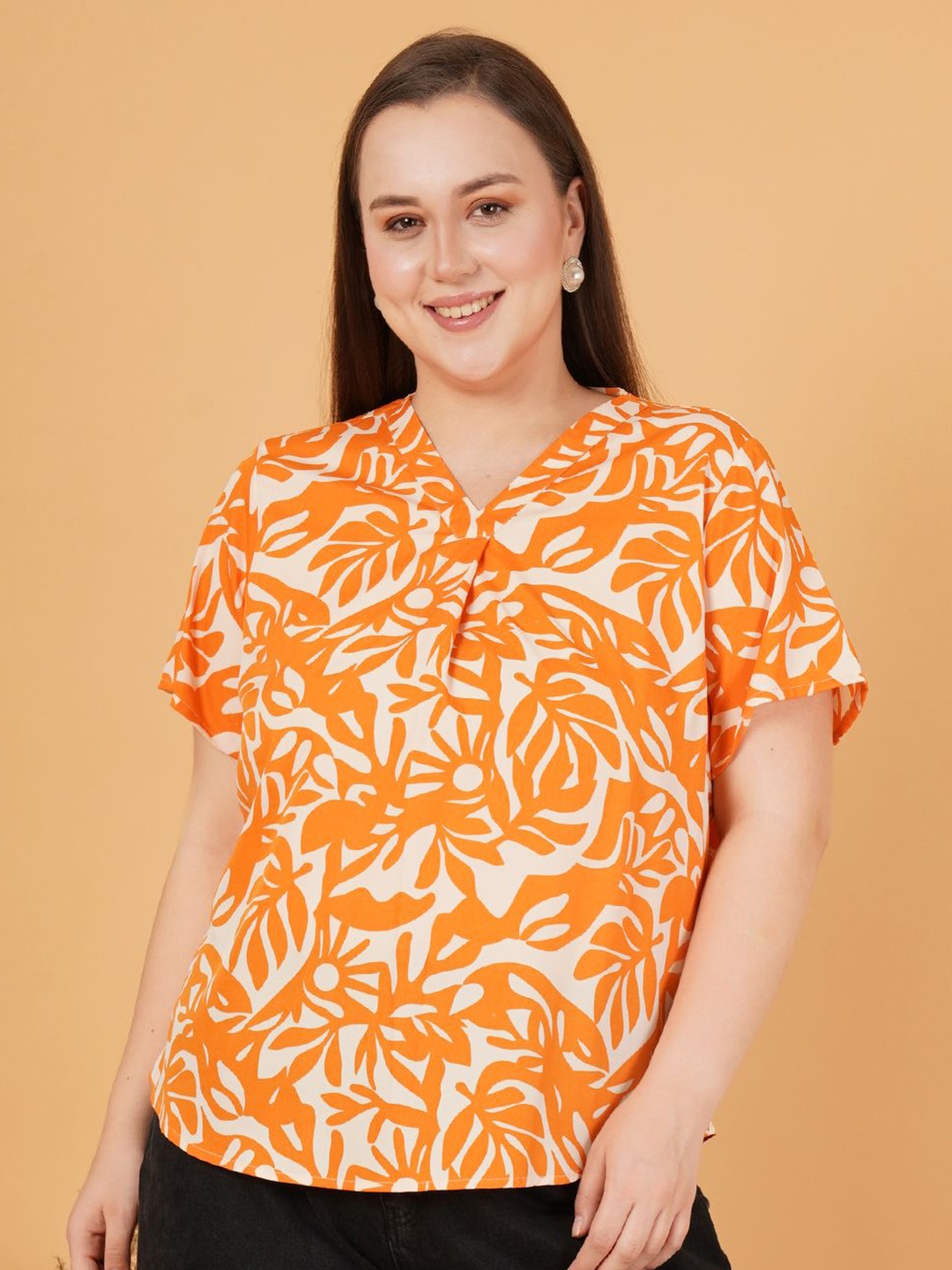 

Sztori Women Tropical Printed V-Neck Plus Size Top, Mustard