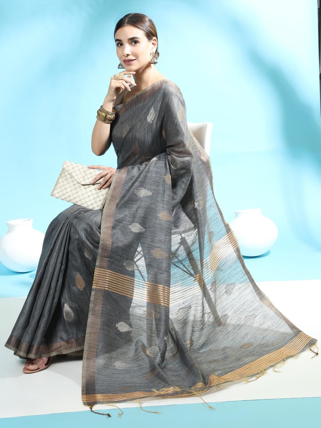 

Kandora Woven Design Zari Pure Cotton Saree, Grey