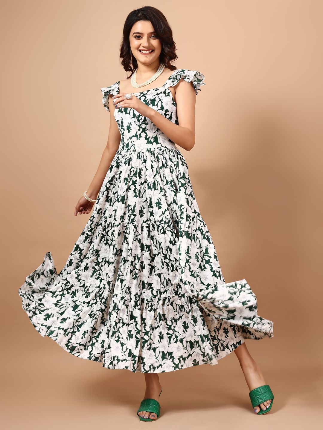 

Ethnic Yard Women Floral Print Crepe A-Line Maxi Dress, Green