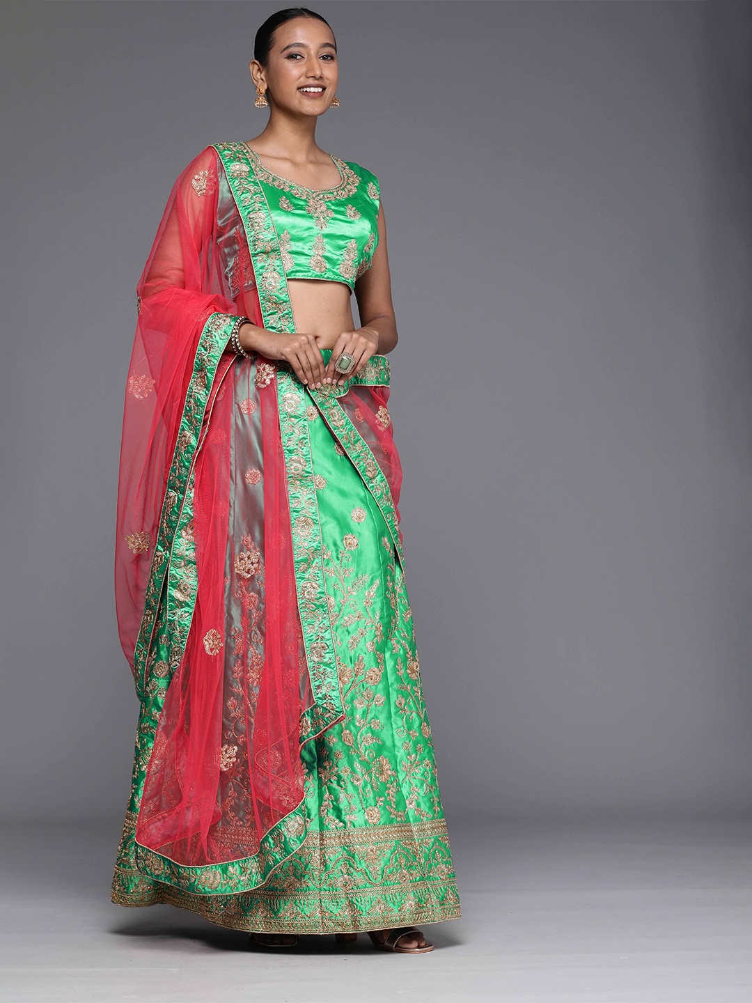 

Maroosh Women Embellished Beads and Stones Unstitched Lehenga & Blouse With Dupatta, Green