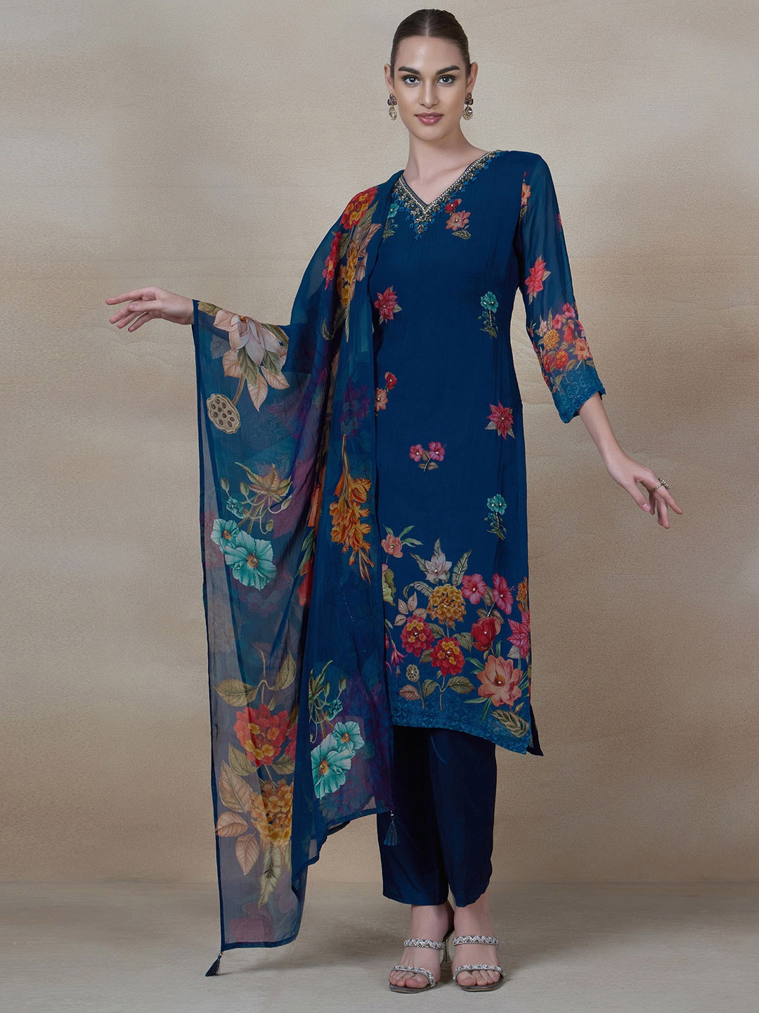 

Rang by Indya Women Floral Printed Regular Kurta with Trousers & With Dupatta, Blue