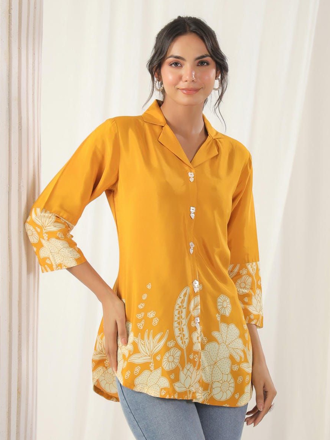 

Kaftanize Silk Shirt Collar Floral Printed Tunic, Mustard