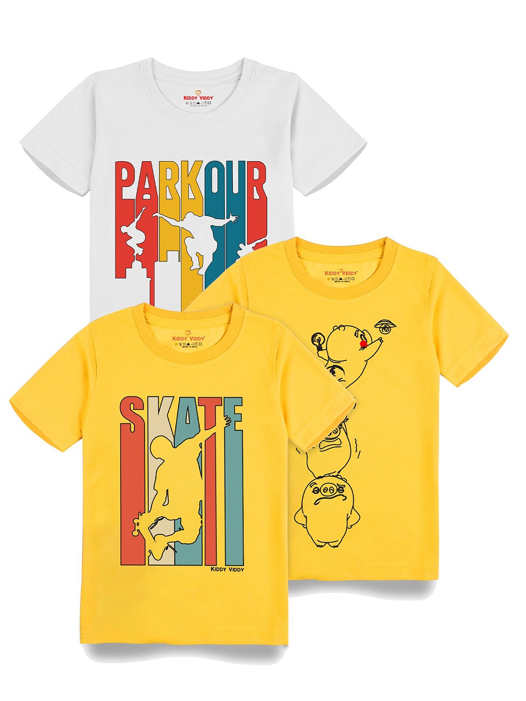 

AUSK Boys Pack Of 3 Graphic Printed Round Neck Cotton T-shirts, Yellow