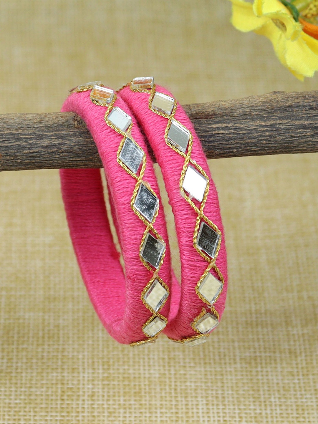 

Asthetika Kids Girls Set Of 2 Mirror Work Thread Bangles, Pink