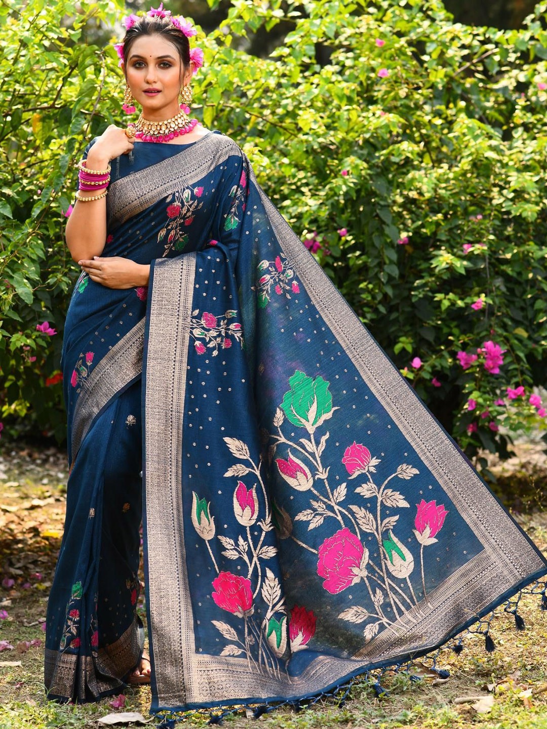 

Kandora Woven Design Zari Pure Silk Tussar Saree, Blue