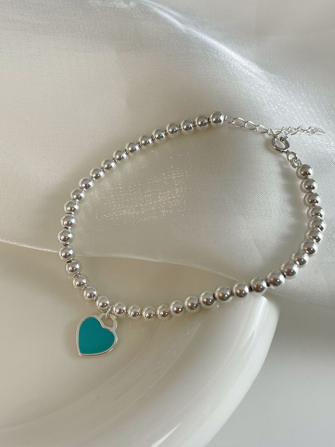 

MYKI Silver-Plated Stainless Steel Beaded Heart Charm Bracelet