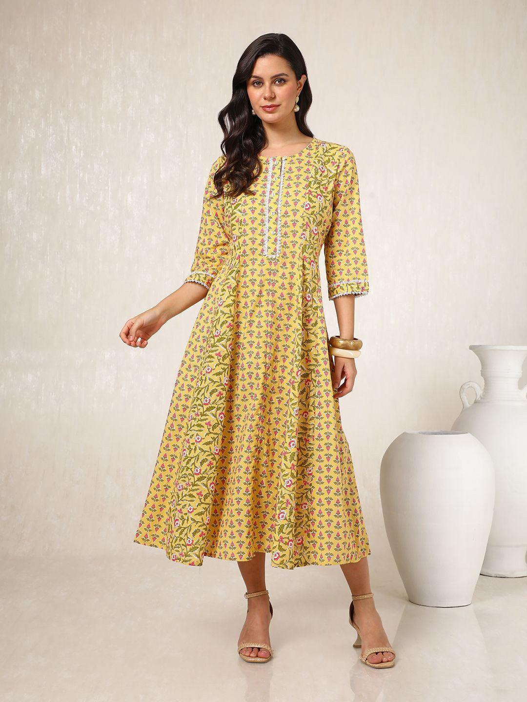 

Soch Ethnic Motifs Printed Cotton A-Line Midi Dress, Yellow