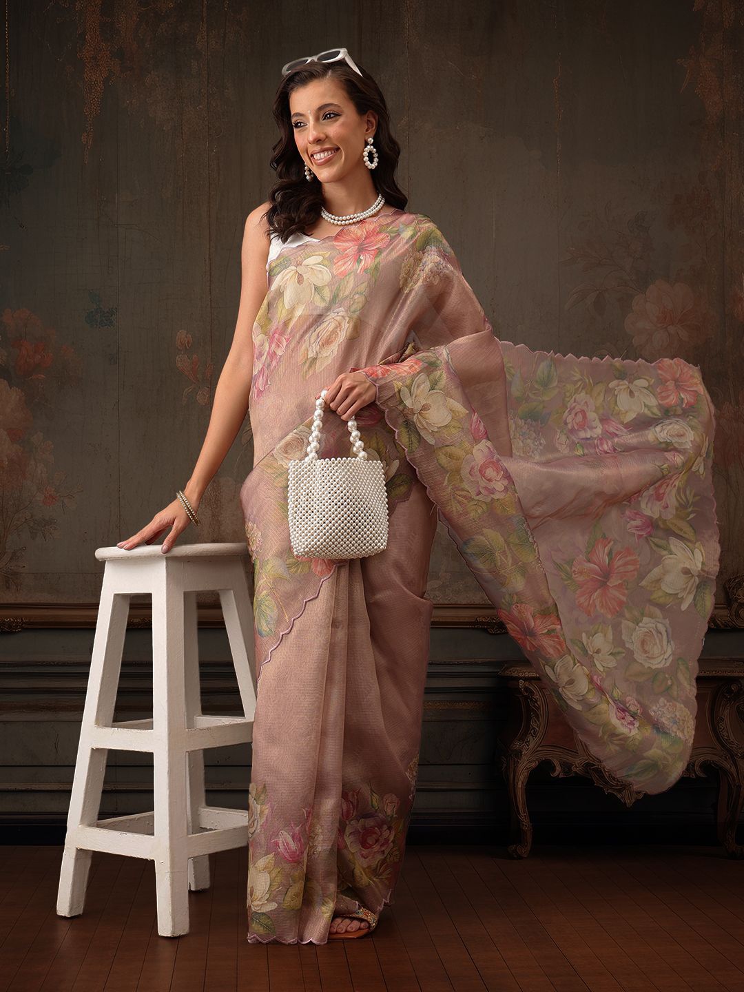 

Silk Land Floral Printed Kota Saree, Peach