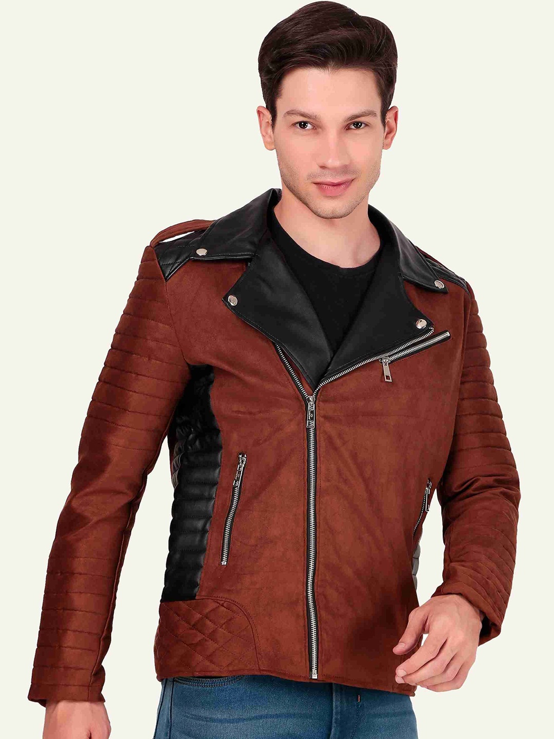 

Leather Retail Men Solid Lapel Collar Suede Biker Jacket, Brown