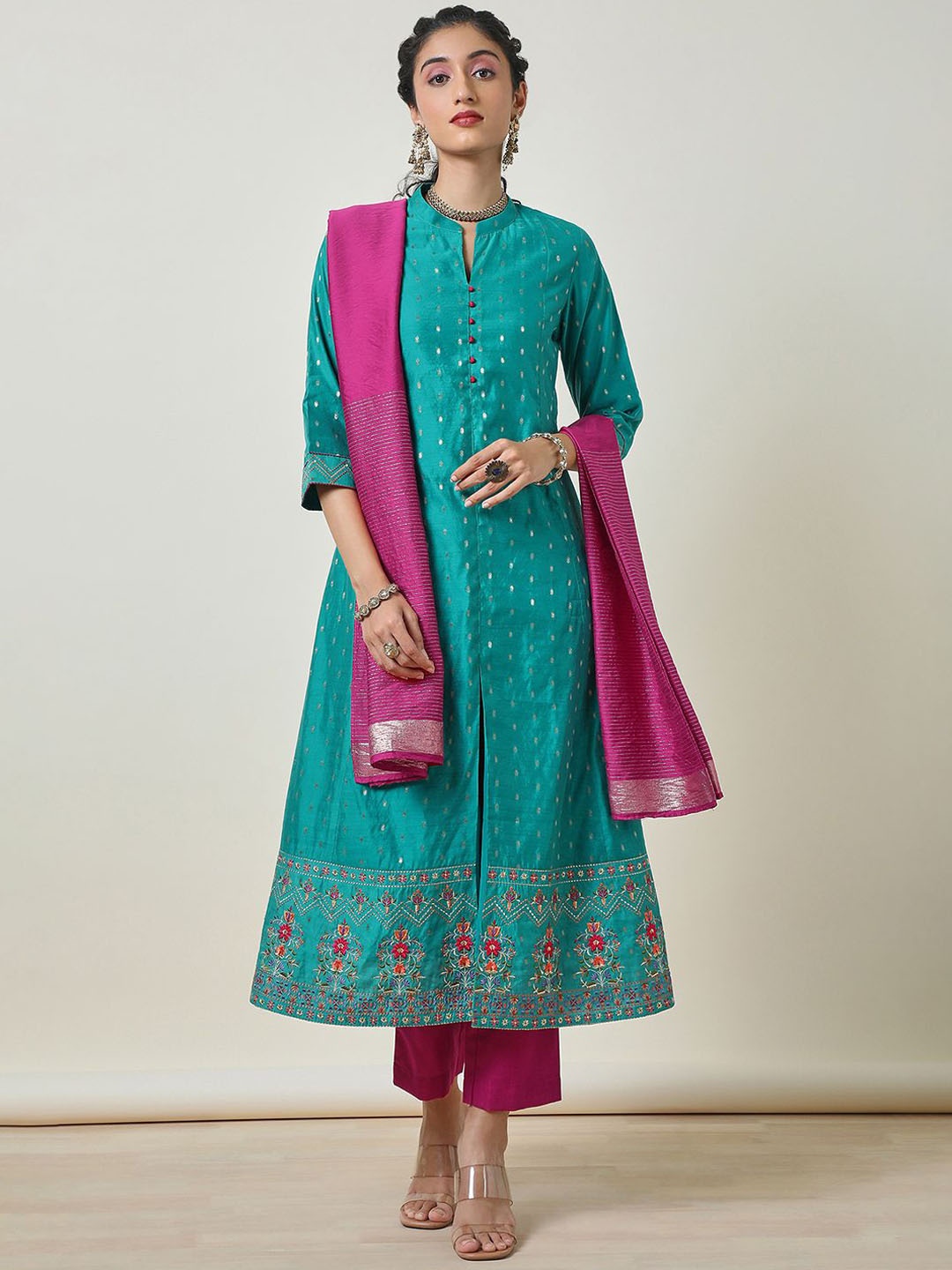 

Soch Woven Design Mandarin Collar Thread Work Chanderi Silk Kurta &Trouser & Dupatta, Teal