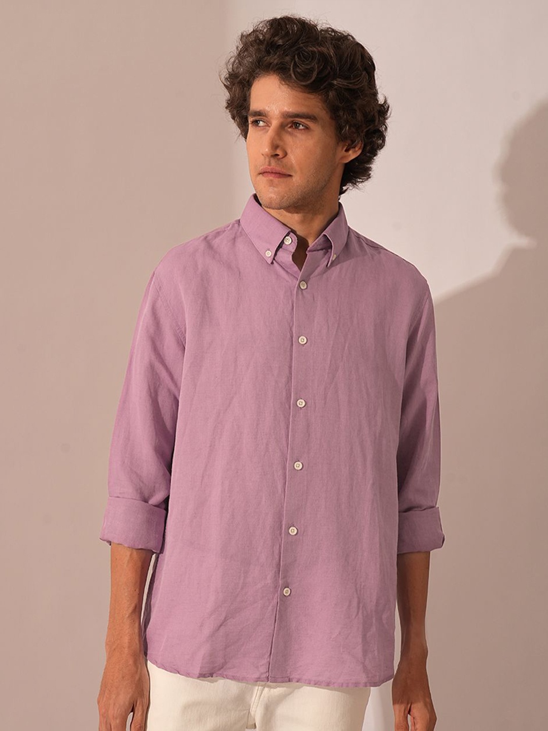 

SELECTED Men Button-Down Collar Solid Linen Blend Casual Shirt, Purple