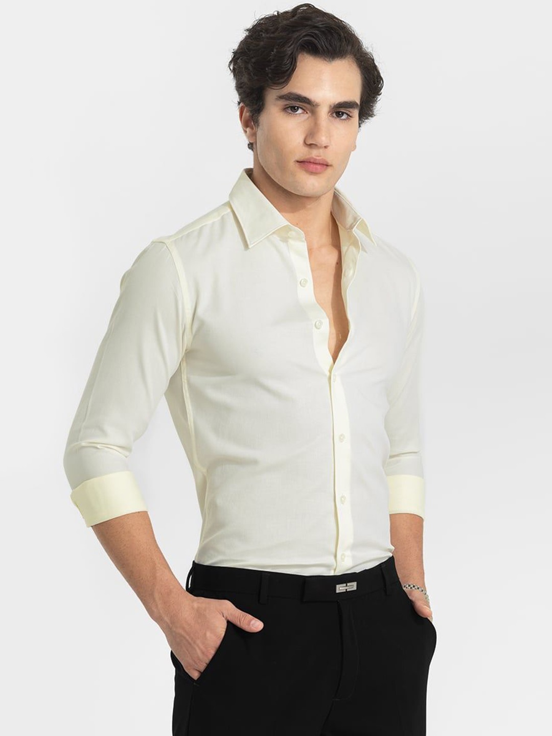 

Snitch Men Smart Spread Collar Solid Cotton Casual Shirt, Cream
