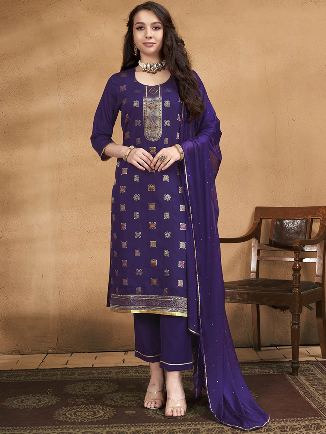 

Anouk Women Printed Regular Thread Work Kurta with Trousers Dupatta, Violet