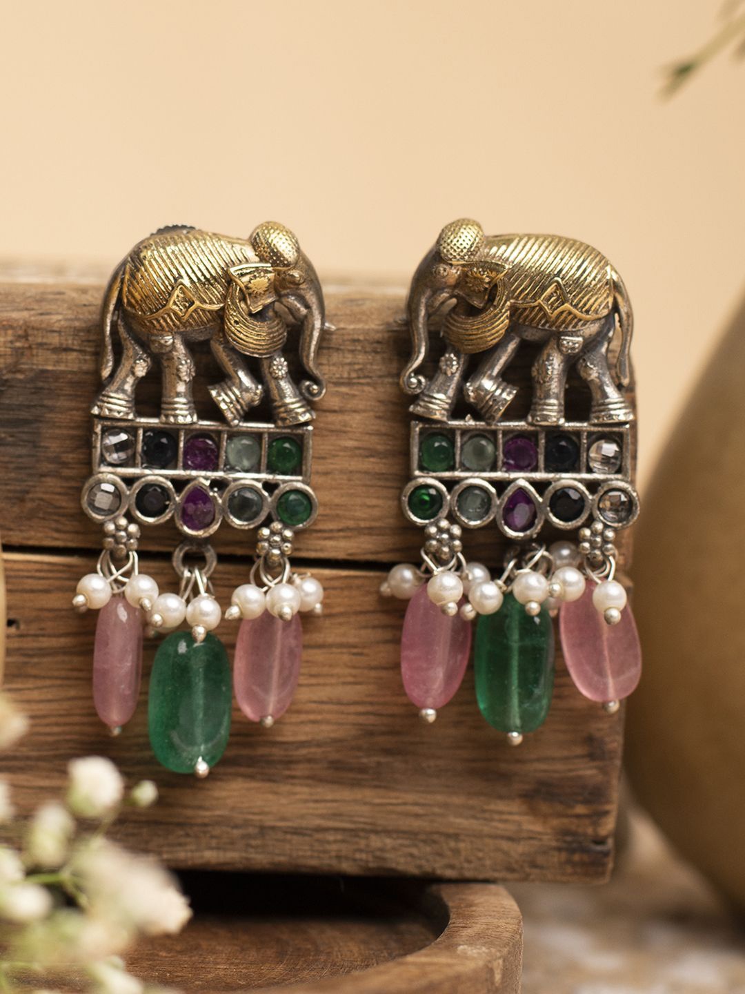 

XPNSV Silver-Plated Stone Studded & Beaded Elephant Shaped Drop Earrings