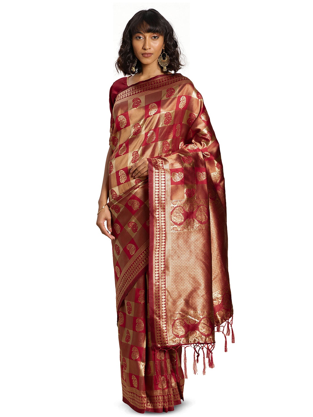 

Maroosh Floral Zari Silk Blend Banarasi Saree, Red