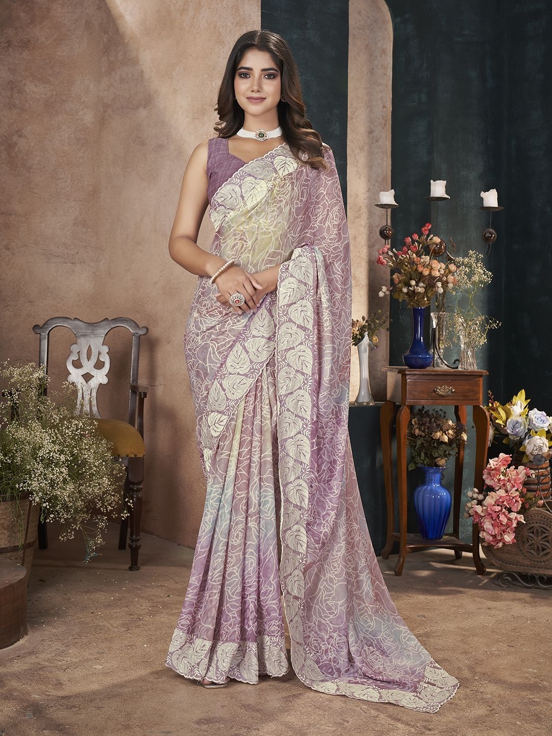 

Mitera Women Thread & Sequence Embroidered Saree, Mauve