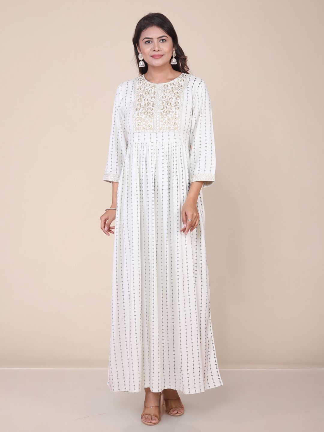 

HERE&NOW Embroidered Fit & Flared Maxi Ethnic Dress, Off white