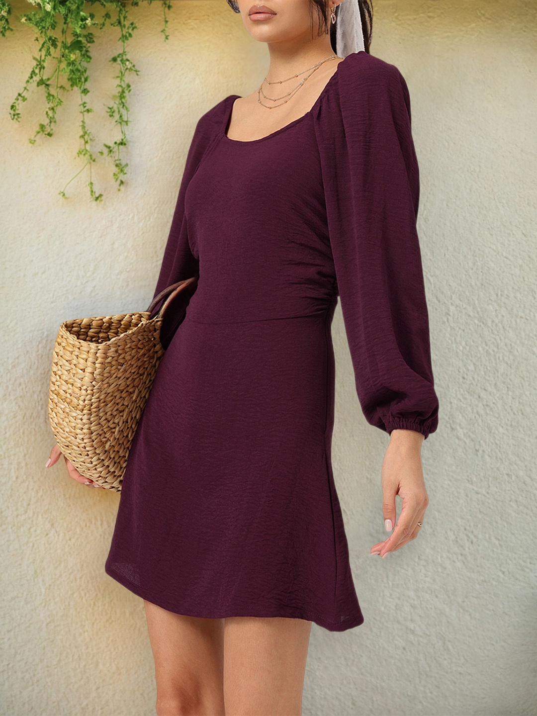 

DressBerry Sleeky Stylish Puff Sleeves Mini Dress, Burgundy