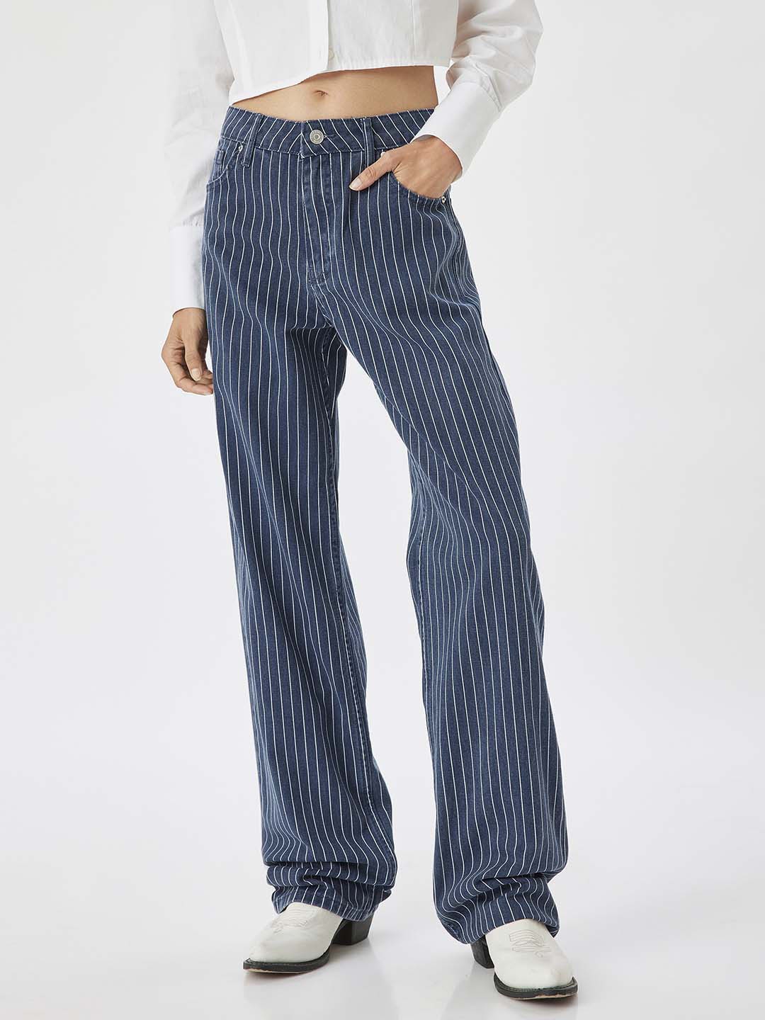 

Koton Women Striped Straight Fit Trousers, Blue